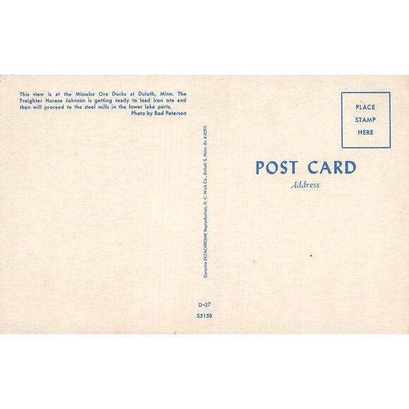 Postcard Ore Docks of Duluth Minn, Freighter Horace Johnson Chrome Unposted - Picture 2 of 2